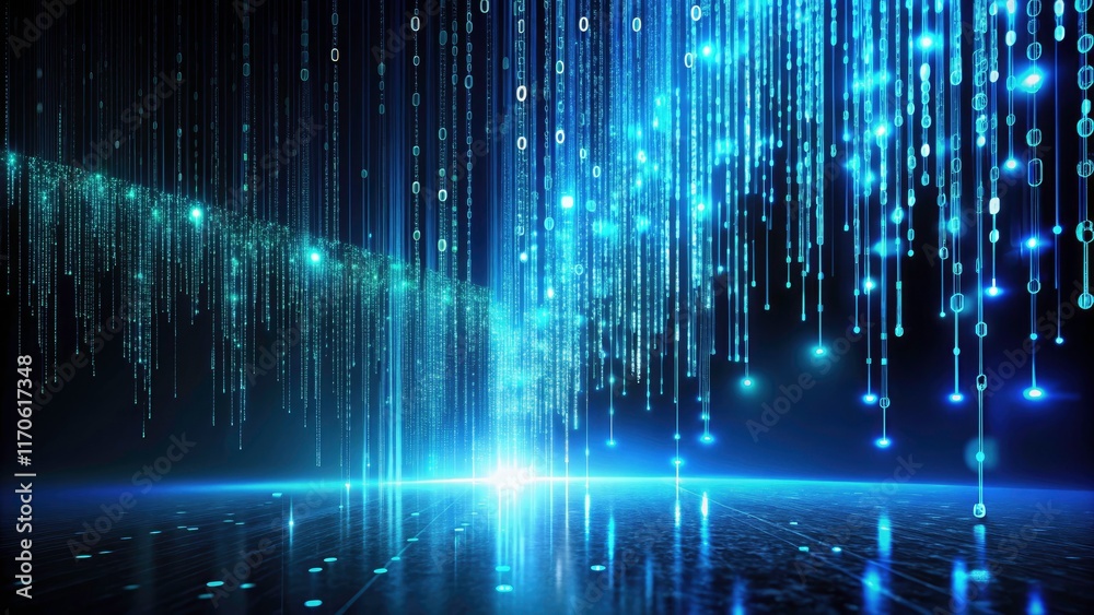 Abstract Blue-Glowing Digital Waterfall of Binary Code and Lights on Dark Background - AI Technology Concept Abstract Blue-Glowing Digital Waterfall of Binary Code and Lights on Dark Background - AI Technology Concept