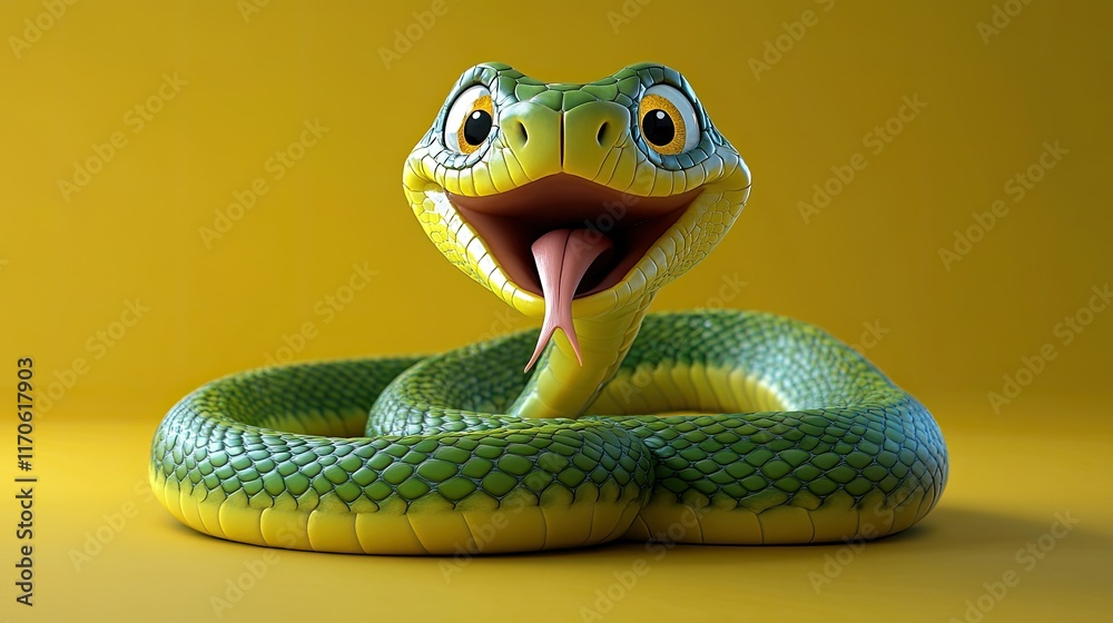 Fototapeta premium Happy cartoon snake with big eyes and tongue out.