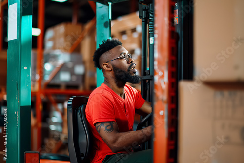 A man in a red shirt is driving a forklift in a warehouse
