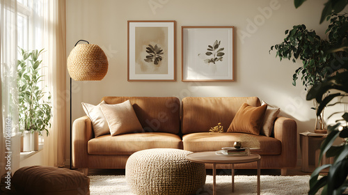 Warm and cozy interior of living room space with two mock up poster frames, round table, leaf in vase, chair, pedant lamp, decoration and woman lying on the sofa. Minimalist home decor. photo