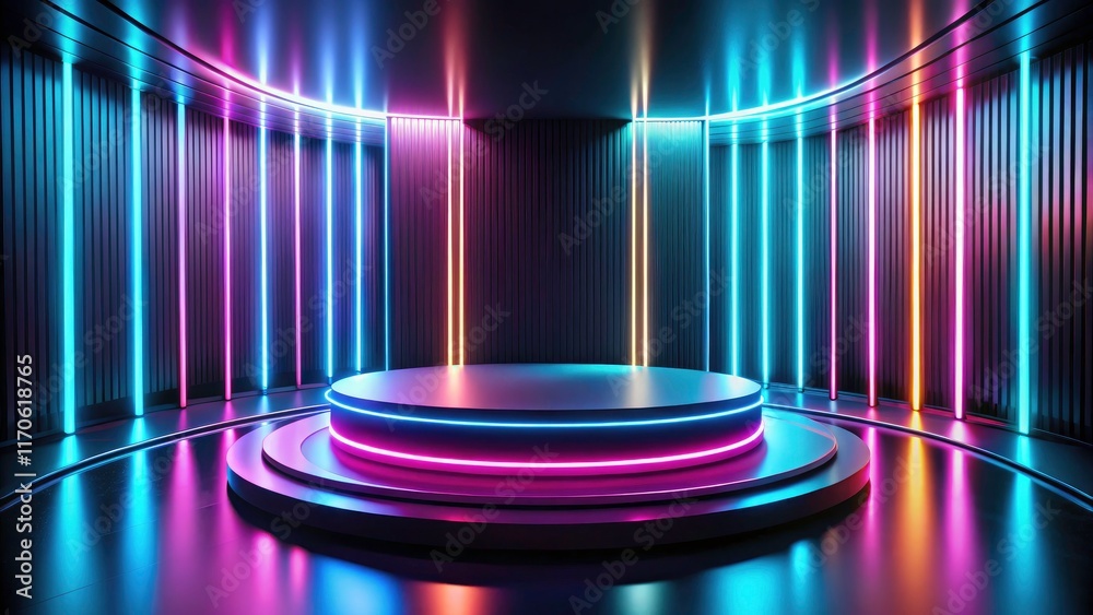 Abstract Round Podium Illuminated by Neon Lights in a Futuristic Setting, Perfect for Modern Events and Creative Displays, Enchanting Visuals for Marketing and Digital Media
