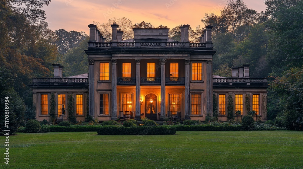 Obraz premium Grand Mansion Illuminated at Sunset Dusk