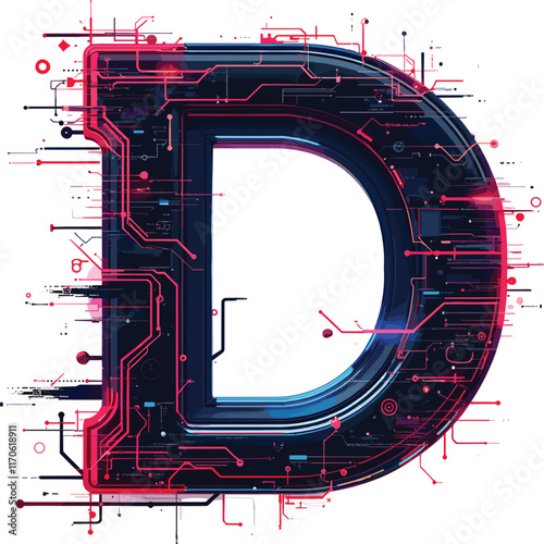 The letter D is designed with futuristic and high-tech elements