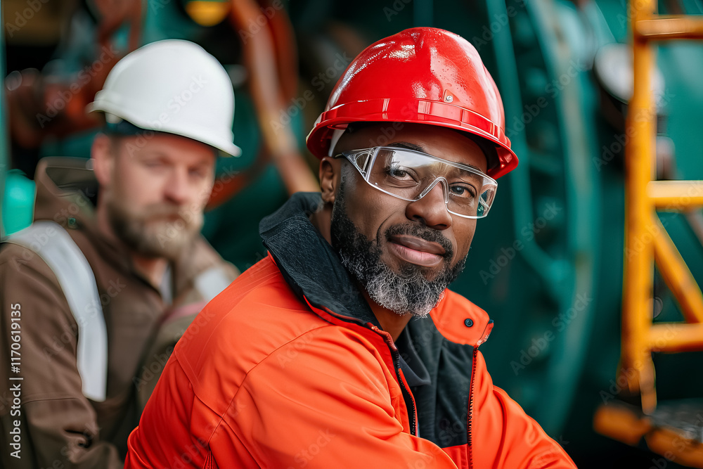 A man in a red hard hat and orange jacket is smiling A man in a red hard hat and orange jacket is smiling