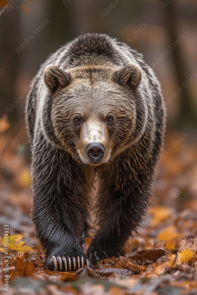 A close-up of a bear walking through a forest with autumn leaves scattered on the ground. A close-up of a bear walking through a forest with autumn leaves scattered on the ground.