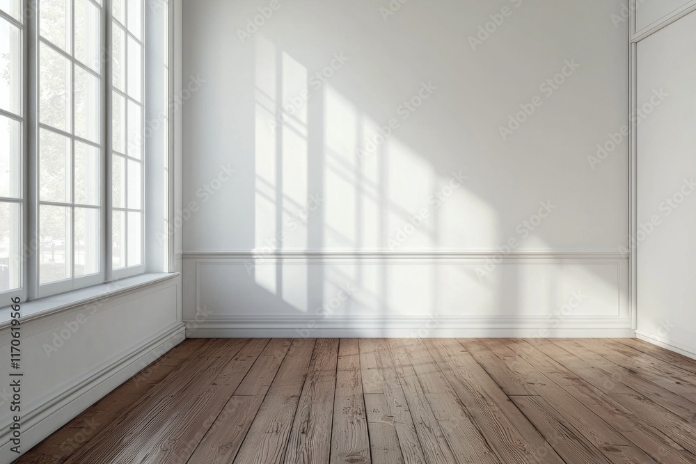 Fototapeta premium A white room with a brown wooden floor, white walls, and a window on the left side.