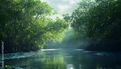Serene Mangrove Forest River: Lush Greenery, Sunlight, Mist, Tranquil Waters