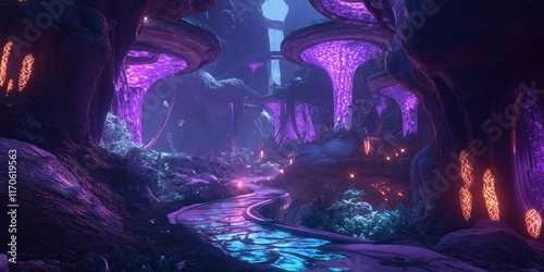 Fantasy Forest with Glowing Neon Mushrooms and Enchanted Path