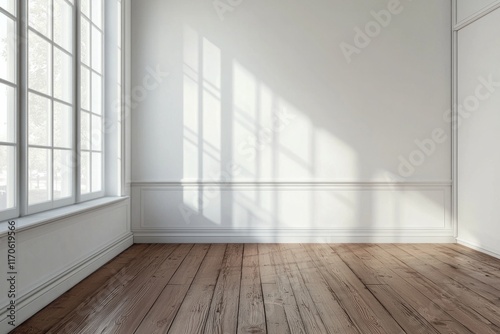 Wallpaper Mural A white room with a brown wooden floor, white walls, and a window on the left side. Torontodigital.ca