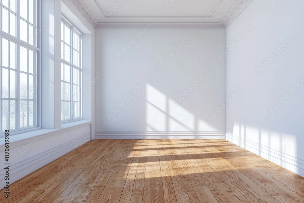 custom made wallpaper toronto digitalA white room with a brown wooden floor, white walls, and a window on the left side.