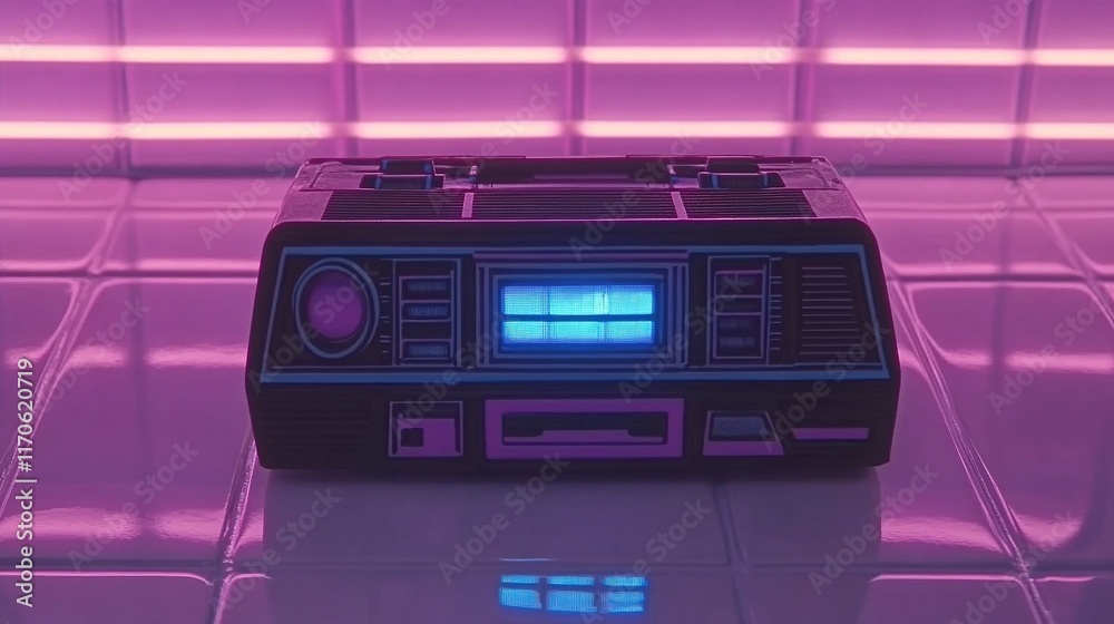 Obraz premium Retro cassette player on reflective surface with neon lights.