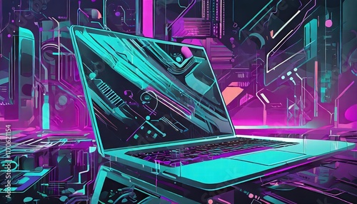 Futuristic Fusion A Neon Odyssey into Computer Technology with a Vibrant Laptop photo