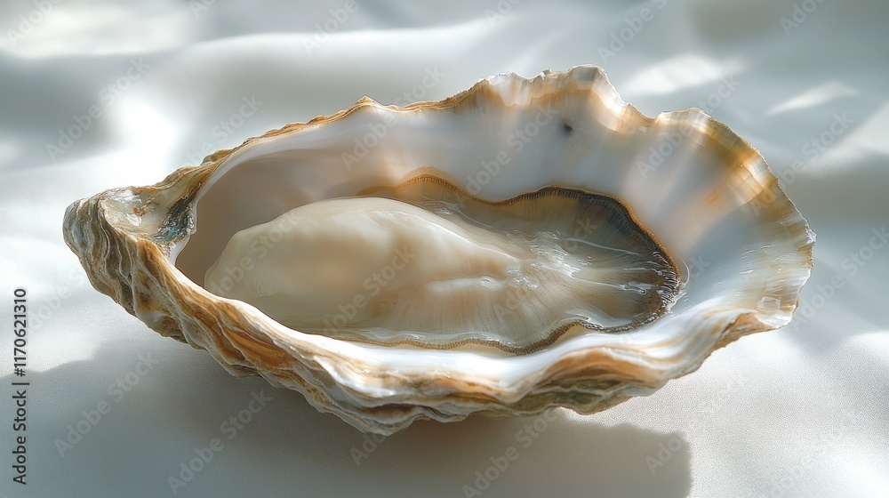 Naklejka premium Single oyster shell, pearl inside, white background.