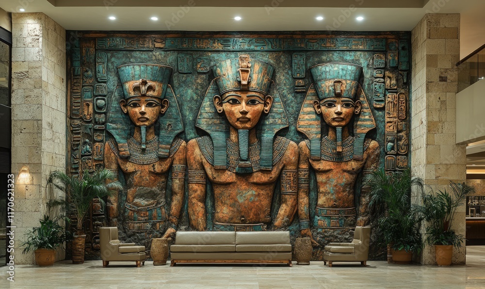 Obraz premium Large Egyptian mural, lounge seating, potted plants.