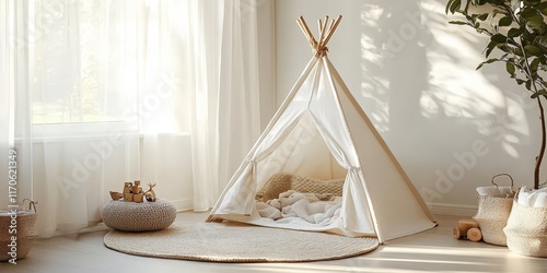 A cozy and minimalist child's room with a white tent and warm decor, ideal for showcasing nursery design or child-friendly interior concepts. photo