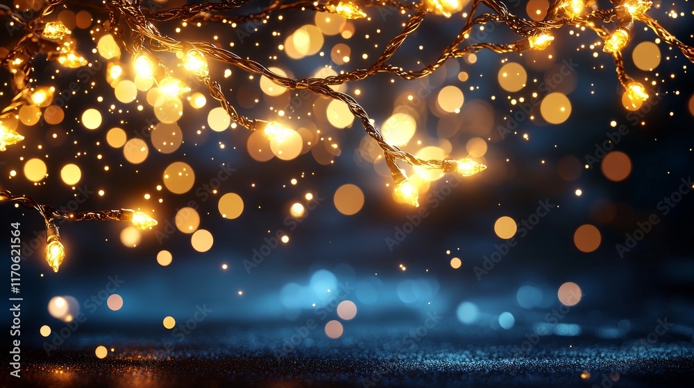 Twinkling holiday lights hanging on tree branches, out of focus against a deep night sky, forming soft glowing orbs that create a glittery, magical mood Twinkling holiday lights hanging on tree branches, out of focus against a deep night sky, forming soft glowing orbs that create a glittery, magical mood