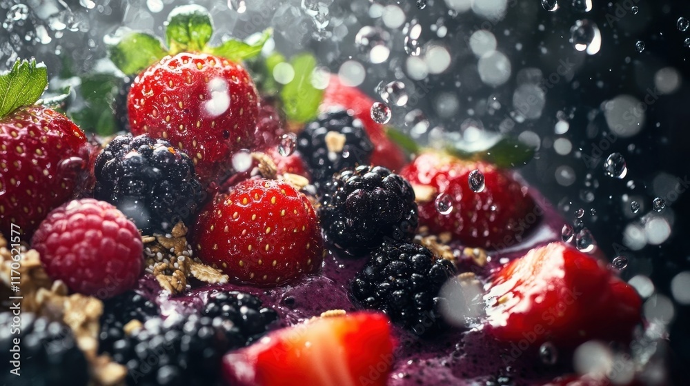 A close up of a fruit salad with strawberries, blackberries, and raspberries A close up of a fruit salad with strawberries, blackberries, and raspberries