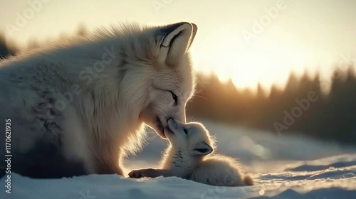 A mother fox is laying down next to her baby fox