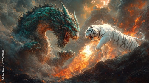 Fiery dragon versus white tiger, epic battle.