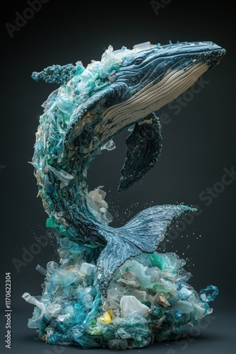 Plastic whale sculpture, ocean pollution art.