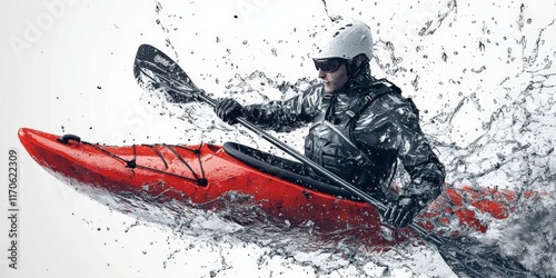 A kayaker in a red kayak splashes through water, showcasing dynamic movement and excitement in an adventure sport setting.