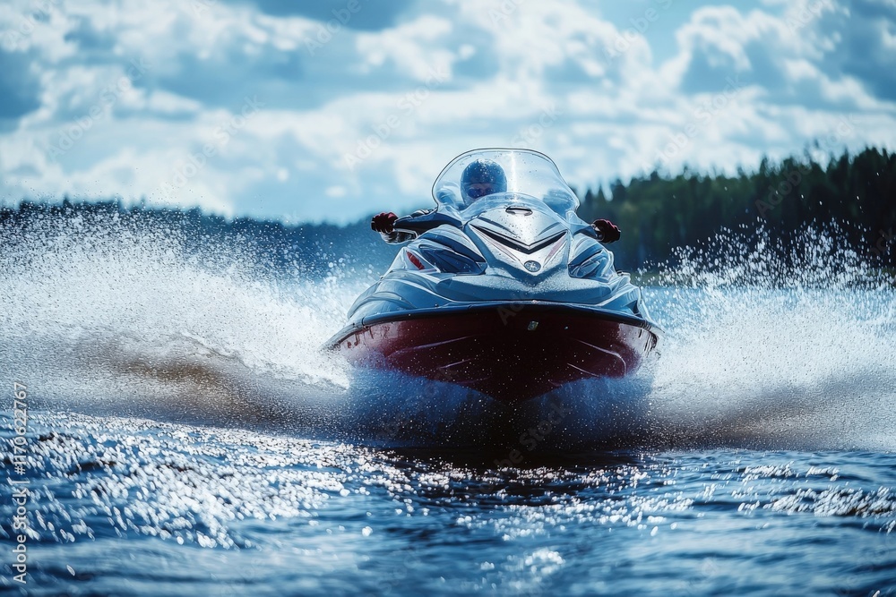 Fototapeta premium A powerful jet ski speeds across the water, creating splashes under a bright sky, surrounded by lush greenery.