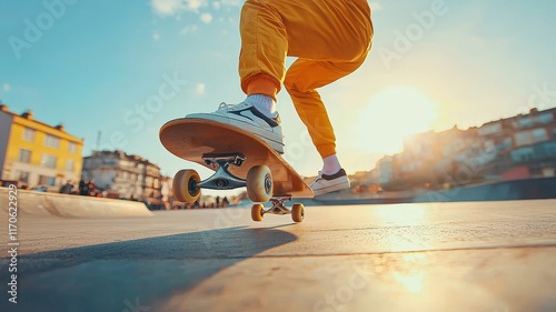 A skateboarder performs a trick at sunset, showcasing vibrant colors and a dynamic urban backdrop.