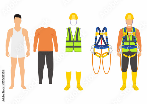 Model builder of a man worker with the basic wear and mandatory personal protective equipment for fit to work at height.