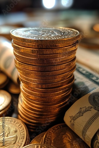 Stack of gold coins near dollar bills.