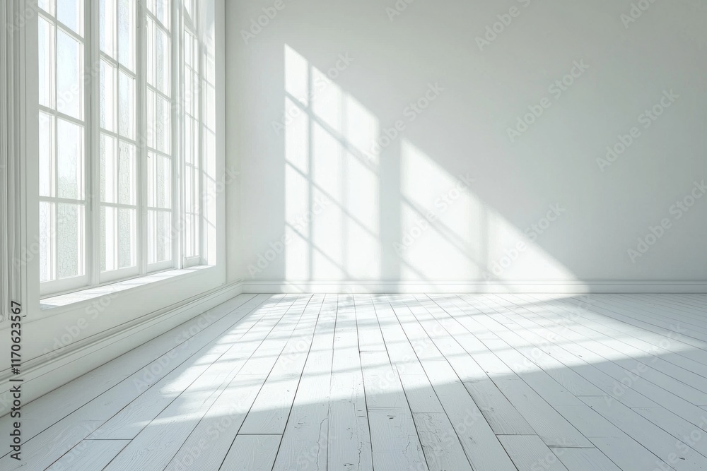 A white room with a white wooden floor, white walls, and a window on the left side. A white room with a white wooden floor, white walls, and a window on the left side.