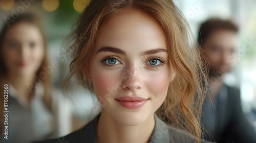 Wallpaper Mural Young happy business woman having meeting with her colleagues in office and looking at camera. Torontodigital.ca