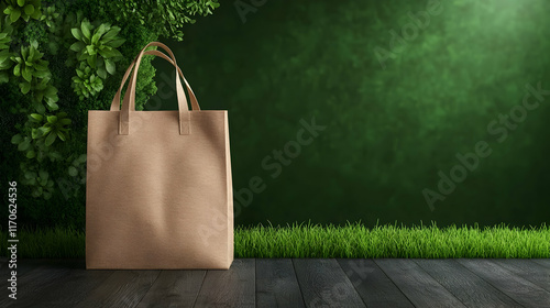 Modern trendy eco tote bag on shoulder. Shopper, green banner background photo