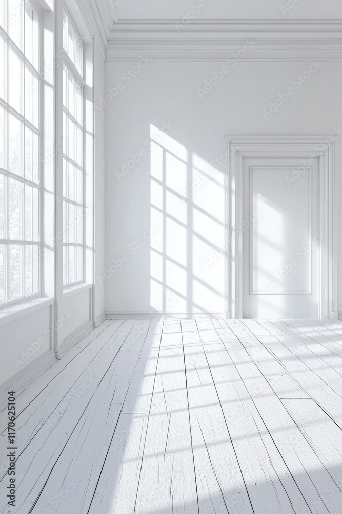 A white room with a white wooden floor, white walls, and a window on the left side. A white room with a white wooden floor, white walls, and a window on the left side.