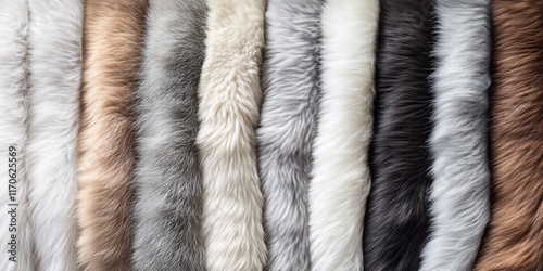 A detailed close-up view of different textured fur fabrics in diverse colors, showcasing soft fibers and luxurious material variety.
 photo