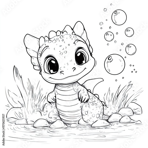 Adorable Baby Dragon Blowing Bubbles: Simple Coloring Page for Kids