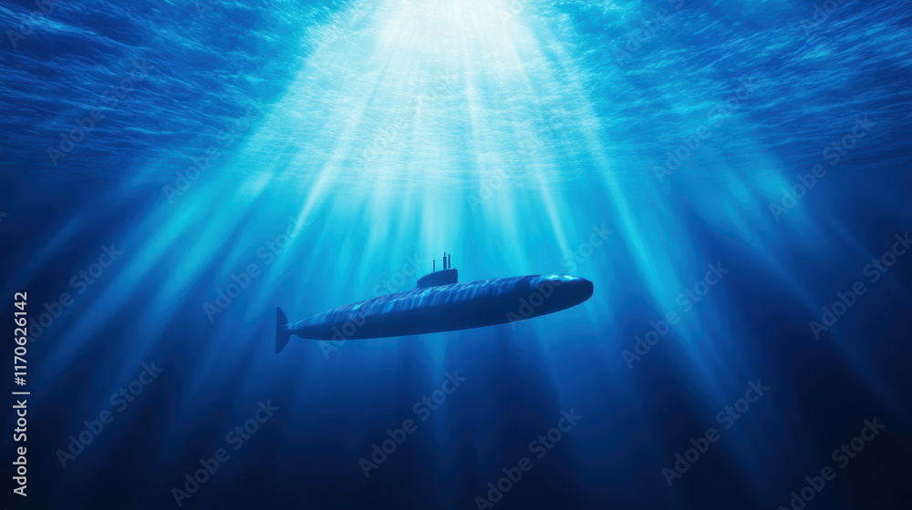 Submarine in the deep ocean with rays of sunlight penetrating the water Submarine in the deep ocean with rays of sunlight penetrating the water