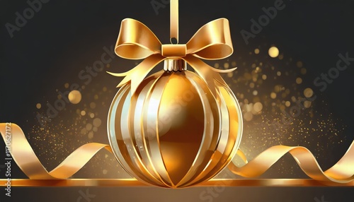 Elegant Gold Christmas Ball with Ribbon and Bow Isolated on a Clean Background, Perfect for Holiday Decorations, Gift Wrapping, and Festive Celebrations