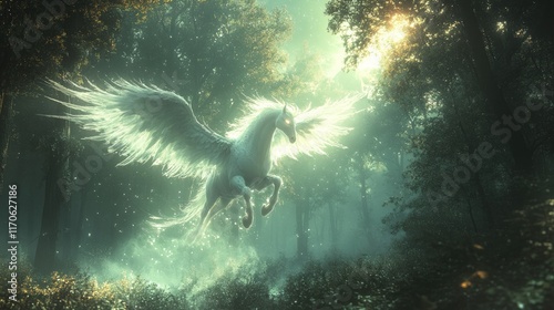White winged horse flying through mystical forest.