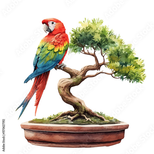 A watercolor vector painting of a Parrot Tree Bonsai tree, isolated on a white background. Parrot Tree Bonsai tree vector.

