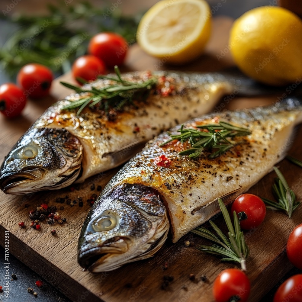 Fresh fish with rosemary and lemon on a rustic wooden board, styled for culinary inspiration, targeting cooking enthusiasts and chefs. Fresh fish with rosemary and lemon on a rustic wooden board, styled for culinary inspiration, targeting cooking enthusiasts and chefs.