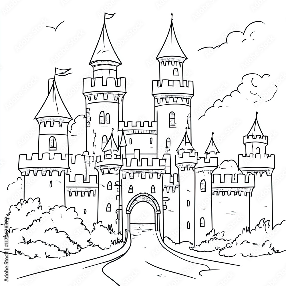 Fototapeta premium Simple Coloring Page: Kids' Castle Illustration with Tall Towers, Fun Activity for Children