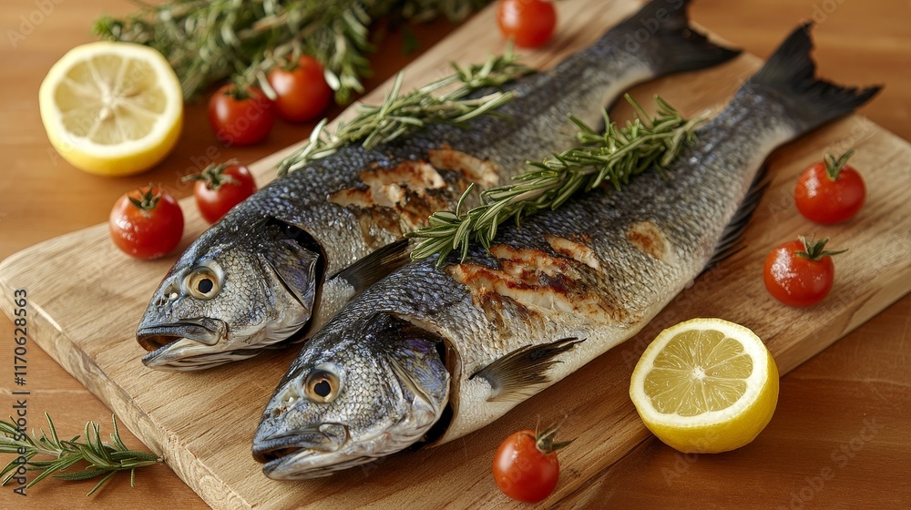 Fresh fish with rosemary and lemon on a rustic wooden board, styled for culinary inspiration, targeting cooking enthusiasts and chefs. Fresh fish with rosemary and lemon on a rustic wooden board, styled for culinary inspiration, targeting cooking enthusiasts and chefs.