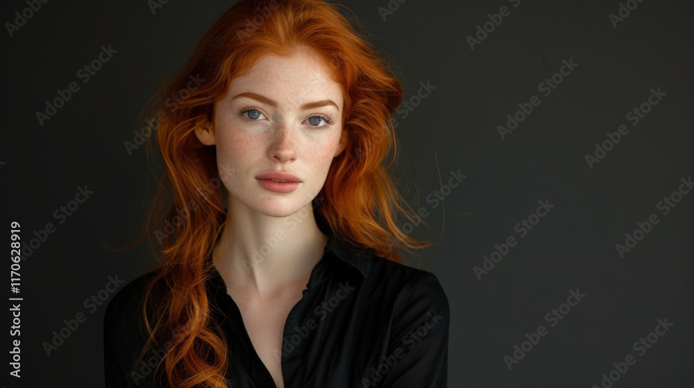 Young red-haired woman with freckles and blue eyes, wearing a black blouse. Her loose waves and soft expression stand out against a dark background Young red-haired woman with freckles and blue eyes, wearing a black blouse. Her loose waves and soft expression stand out against a dark background