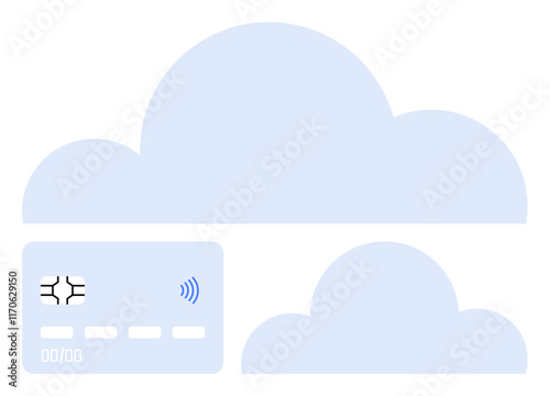 Credit card with contactless payment and chip design beside overlapping clouds. Ideal for online payments, financial tech, cloud computing, data security, virtual wallets, fintech, abstract line flat