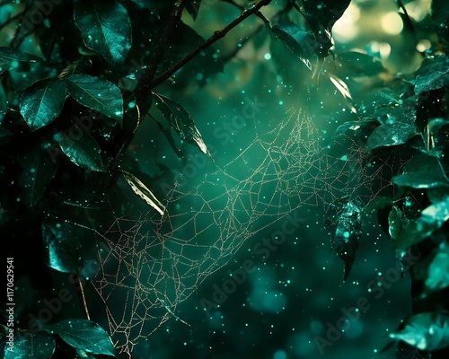 Enchanted Forest: Dew-Kissed Spiderweb among Lush Green Leaves