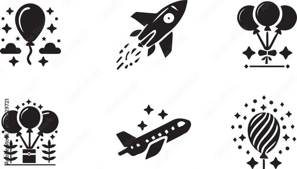 Naklejka premium Adobe Illustrator Artwork, balloons, balloon iconsvector, illustration, art, design, silhouette, music, grunge, symbol, cartoon, sign, style, airplane