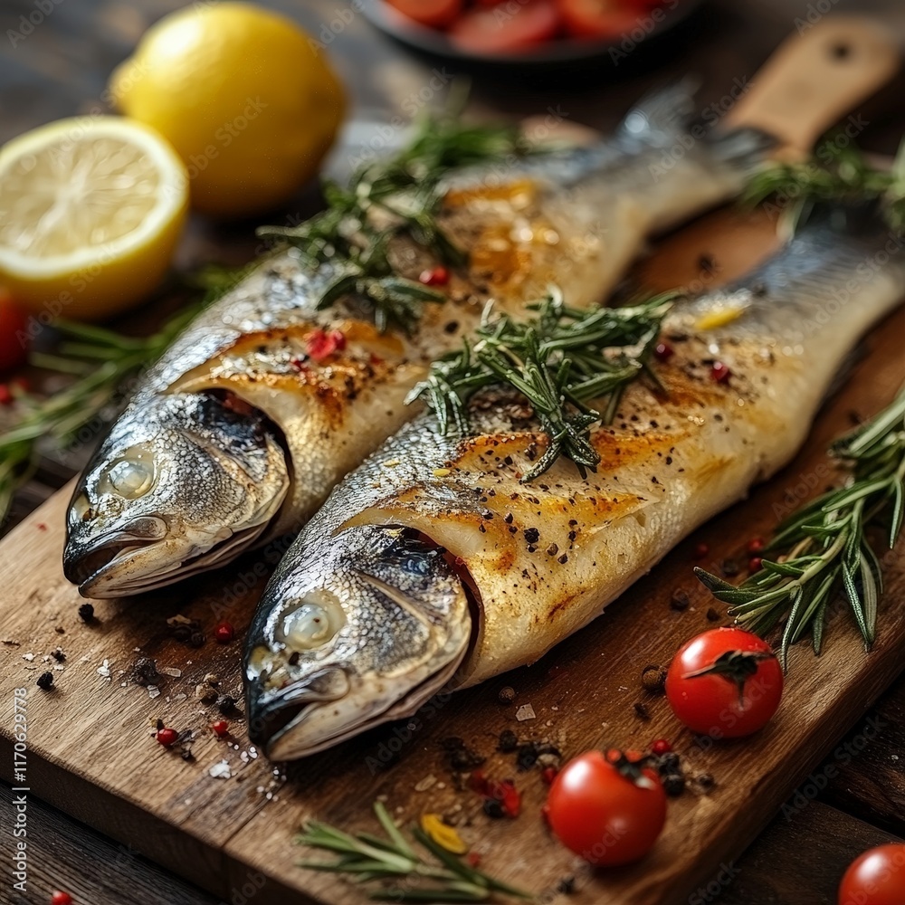 Fresh fish with rosemary and lemon on a rustic wooden board, styled for culinary inspiration, targeting cooking enthusiasts and chefs. Fresh fish with rosemary and lemon on a rustic wooden board, styled for culinary inspiration, targeting cooking enthusiasts and chefs.