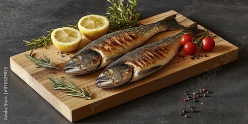 Fresh fish with rosemary and lemon on a rustic wooden board, styled for culinary inspiration, targeting cooking enthusiasts and chefs. photo