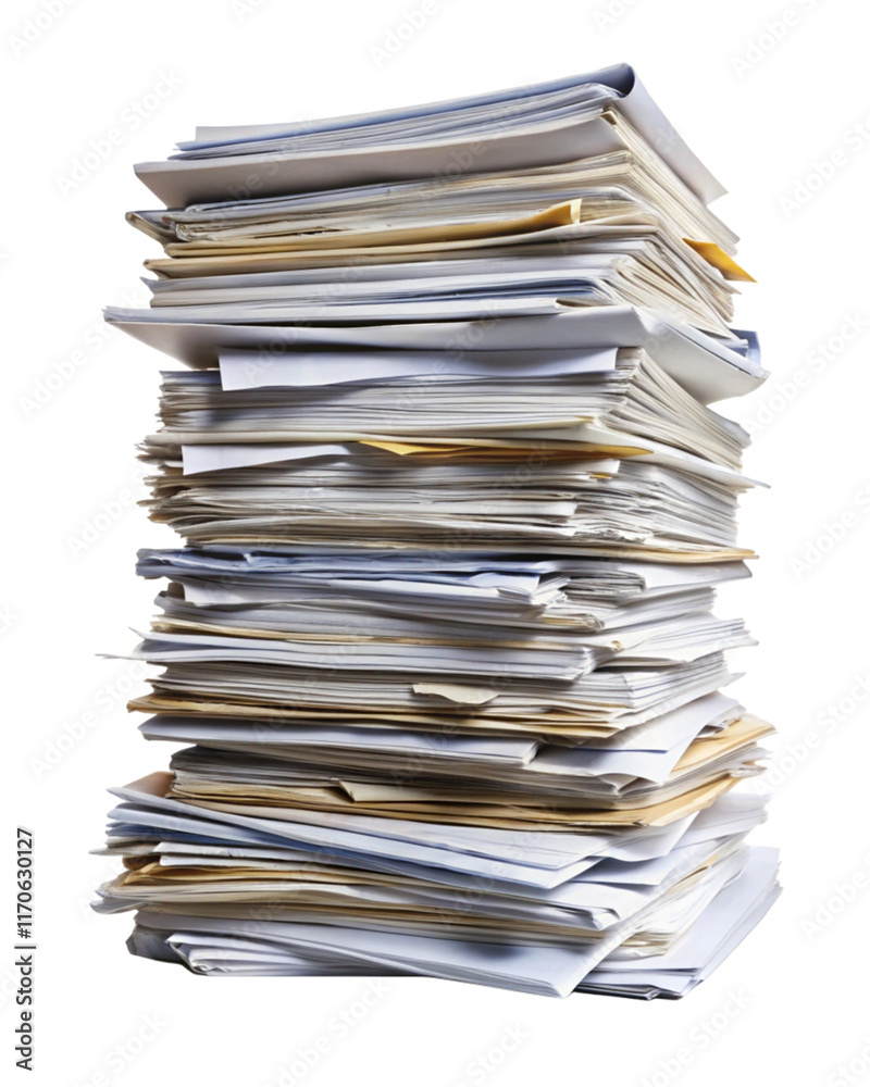 Large stack of paper sheets piled up, representing paperwork, documents, or office clutter on white background Large stack of paper sheets piled up, representing paperwork, documents, or office clutter on white background