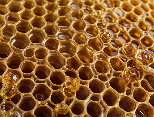 A highly detailed close-up of a honeycomb structure crafted from golden, translucent beeswax, each hexagonal cell perfectly symmetrical and tightly packed photo